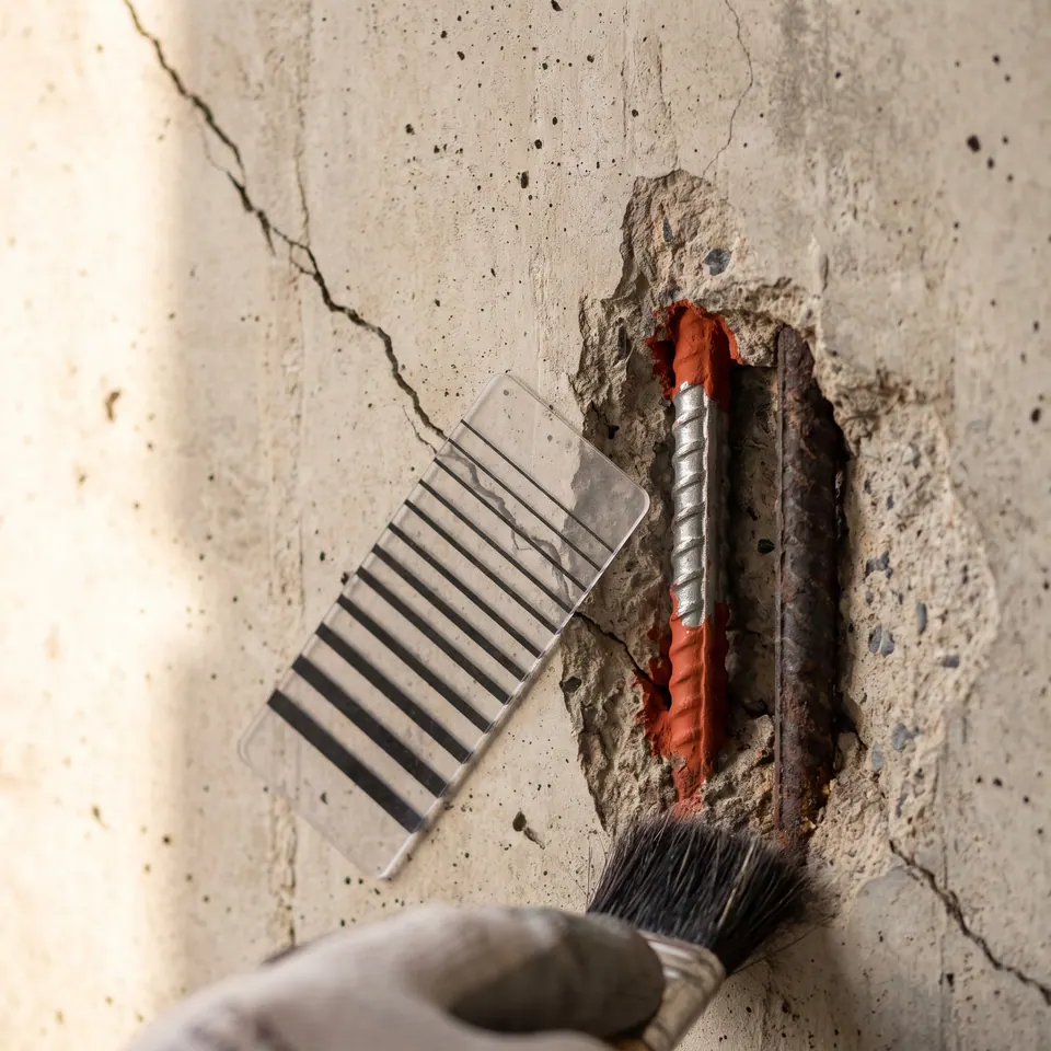 Fissura em pilar de concreto medida com fissurômetro, com a armadura exposta