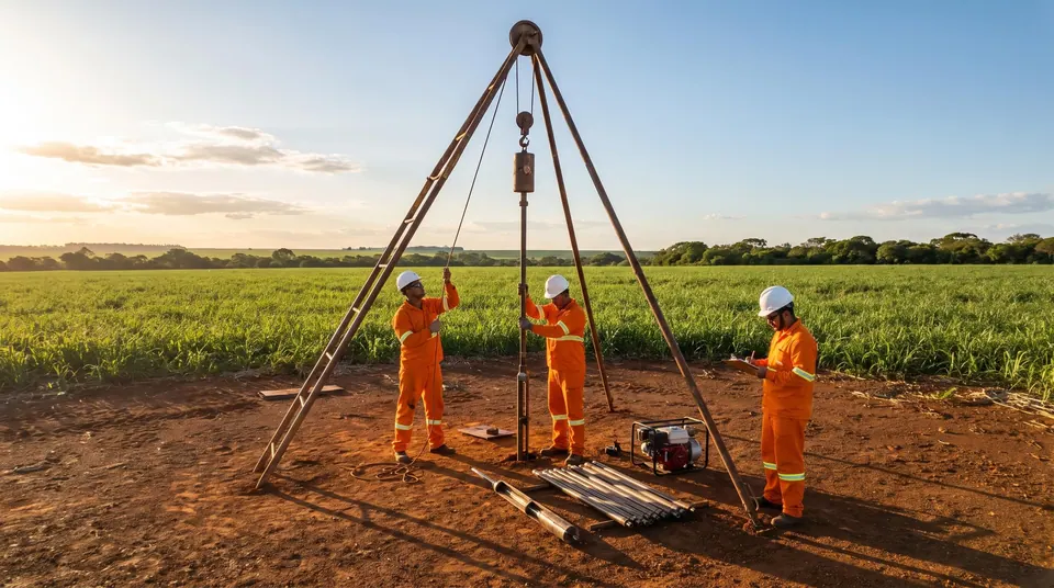 Equipe de sondagem operando um tripé de sondagem à percussão em terreno de lavoura